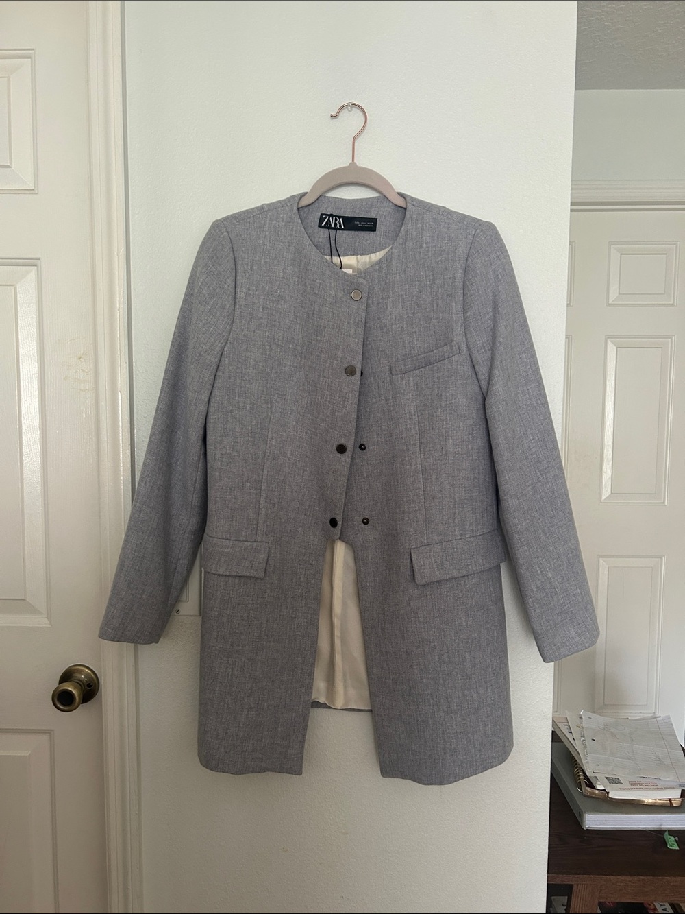 Zara Gray Collarless Tailored Coat